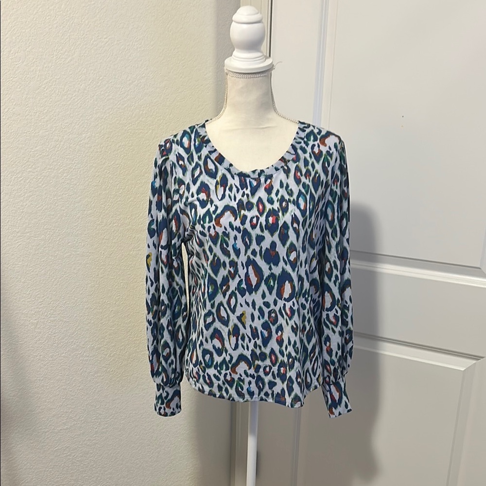 Blue Animal Print Nine West Long Sleeve Top Size Medium